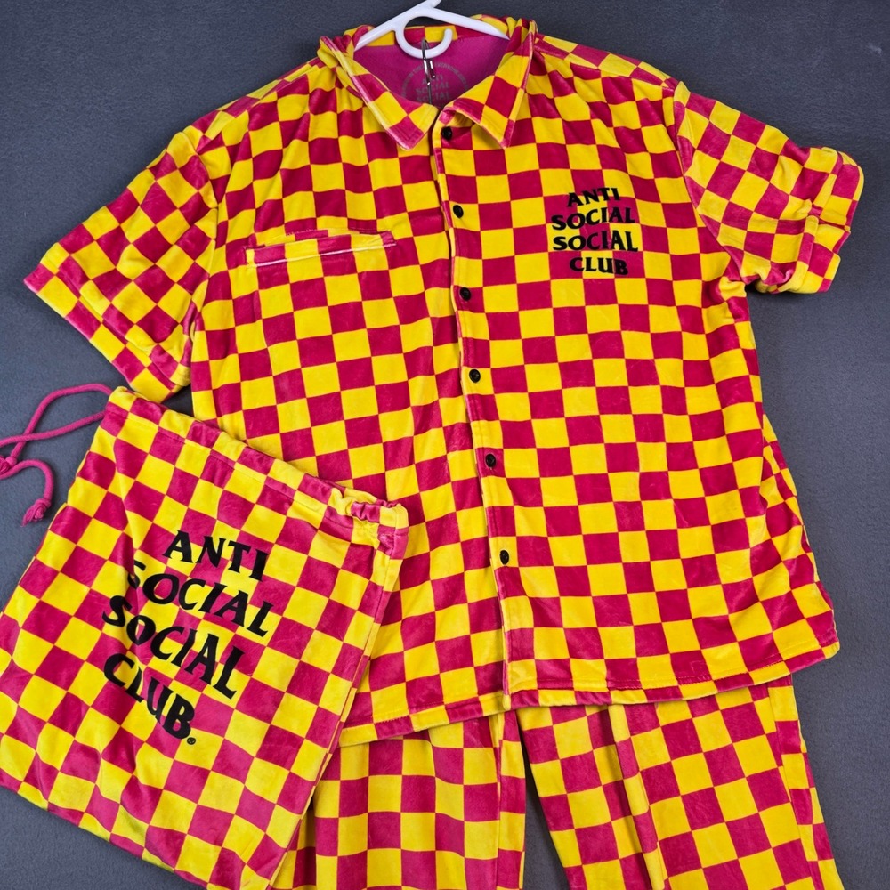 Anti Social Social Club Pajama Set Unisex Large Pink Yellow Checkerboard Velour